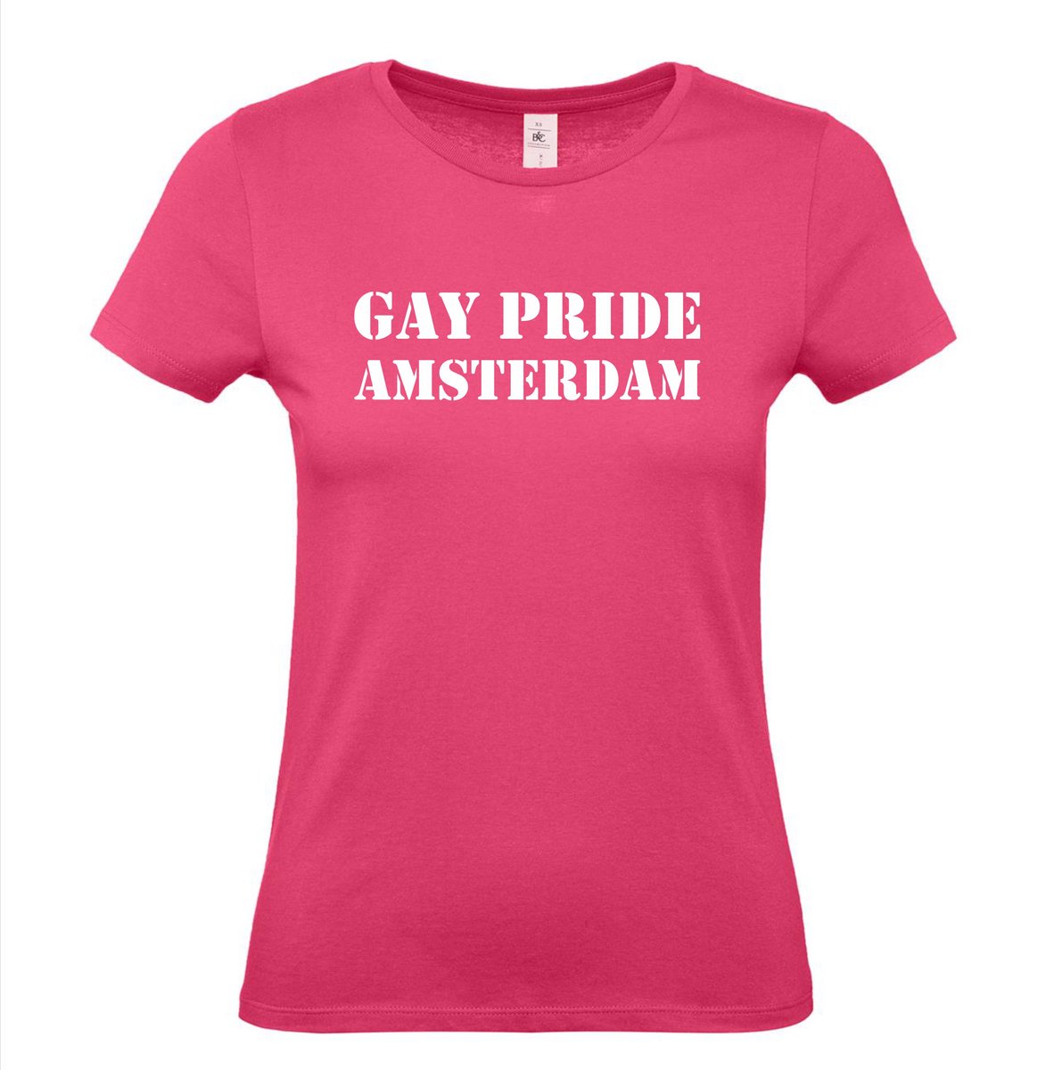 Dames t-shirt Gay Pride Amsterdam | Regenboog vlag | Gay pride kleding | Pride shirt | Roze | maat S